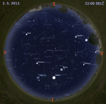 Mapa oblohy 2. května 2012 ve 22 hodin SELČ. Data: Stellarium