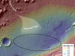 Výšková mapa místa přistání Curiosity, ukazující dávný směr toku vody. Foto: NASA