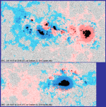 Aktivní oblasti na Slunci 24.10.2013, magnetogramy ukazují promíchané jižní a severní polarity magnetických polí Foto: SDO, solen.info