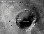 Snímek okolí kráteru Endeavour ukazuje cestu uraženou Opportunity (žlutá křivka) z místa výsadku (vlevo nahoře) Foto: NASA