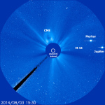 Jupiter a Merkur v LASCO C3 dne 3. 8. 2014 Foto: SOHO/LASCO (ESA & NASA)